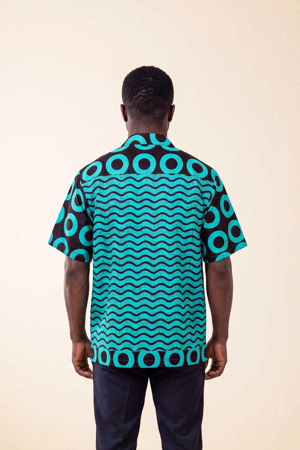 Chemise wax homme Bahari motif vagues turquoise et noir coupe droite dos