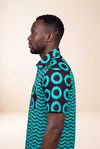 Chemise wax homme Bahari motif vagues turquoise et noir coupe droite profil