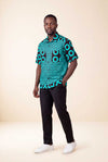 Chemise wax homme Bahari motif vagues turquoise et noir coupe droite face