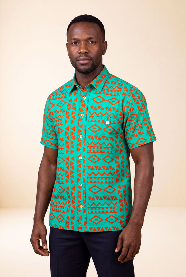 Chemise wax homme Zahra motif géométrique vert et orange coupe droite