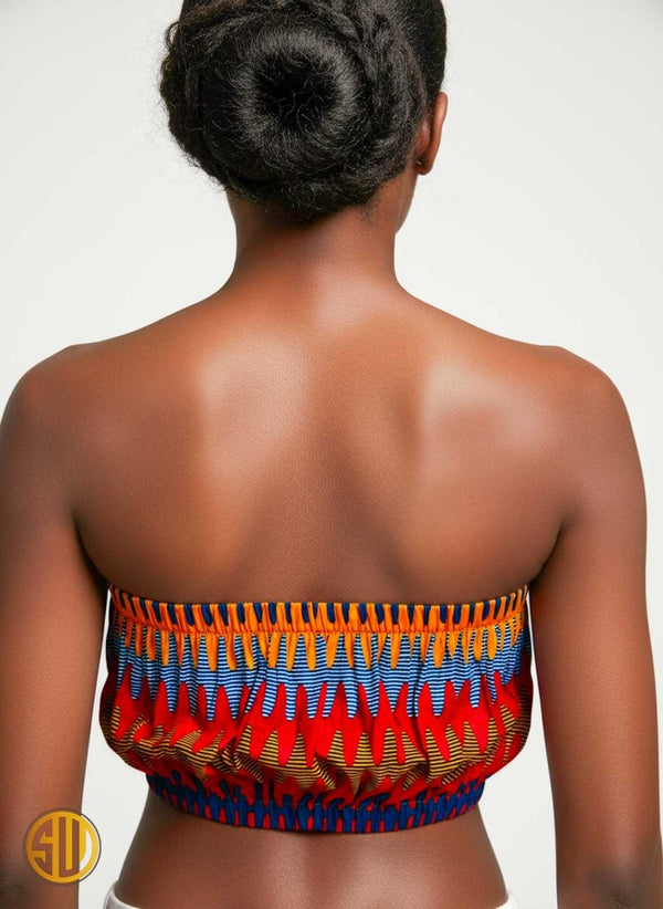 Crop top bustier en wax africain rouge, bleu et jaune