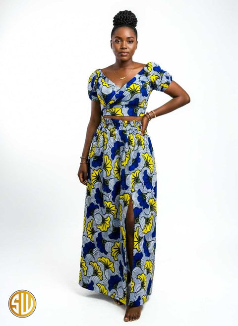 Ensemble Wax Jupe Longue et Crop Top – Fleurs Bleues et Jaunes