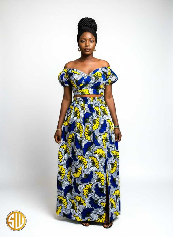 Ensemble Wax Jupe Longue et Crop Top – Fleurs Bleues et Jaunes