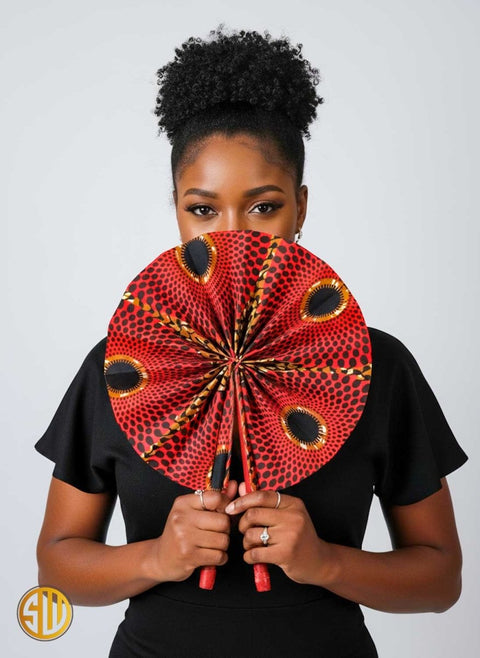 Éventail africain en wax orange et cuir – Fait main au Kenya