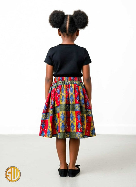 Jupe évasée en wax rouge et vert pour fille - SublimeWax