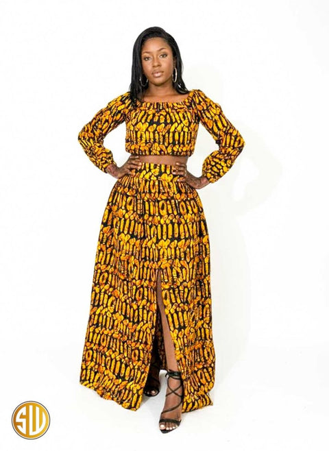 Jupe Longue Africaine & Crop Top en Wax Mya – Élégance & Style Authentique