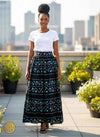 Jupe longue bleu nuit à motifs africains blancs – Taille élastiquée