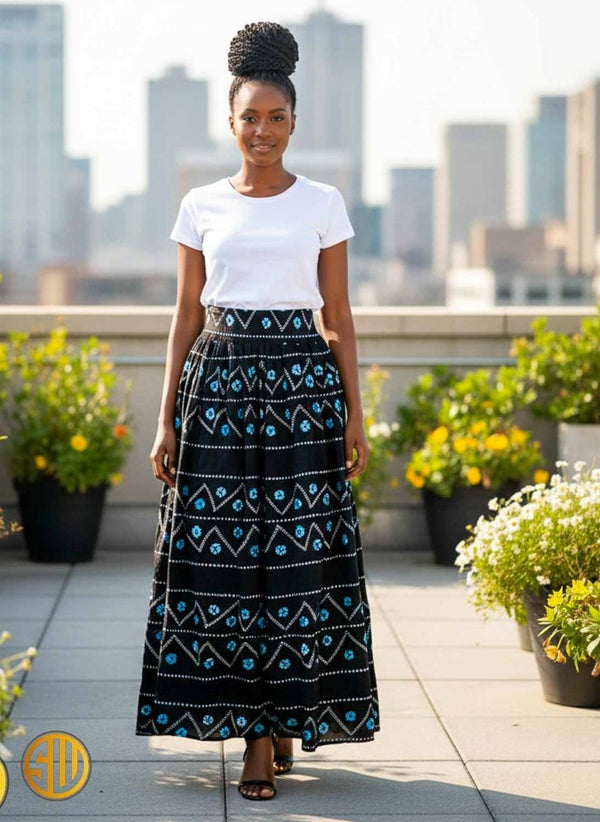 Jupe longue bleu nuit à motifs africains blancs – Taille élastiquée