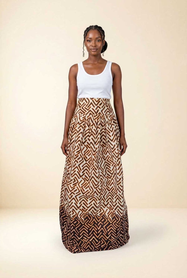 Jupe longue wax - motif bogolan, taille haute