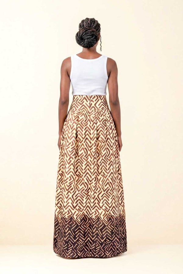 Jupe longue wax - motif bogolan, taille haute