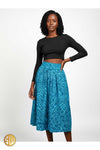 Jupe midi bleue en tissu africain – Élégance décontractée