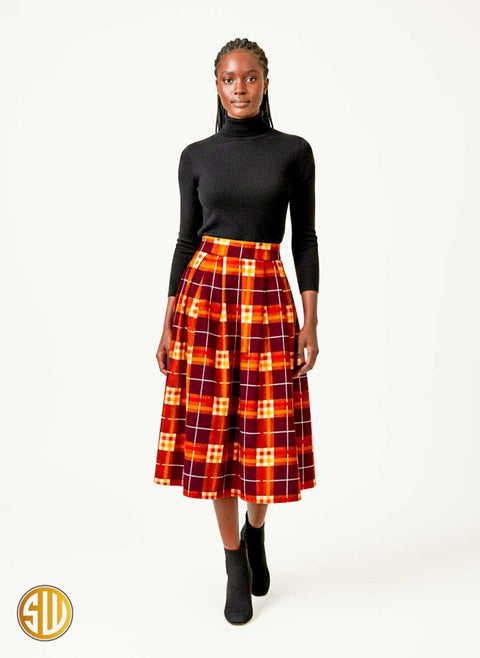 Jupe midi évasée en wax motif carreaux