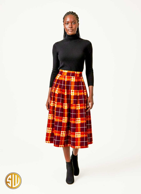 Jupe midi évasée en wax motif carreaux