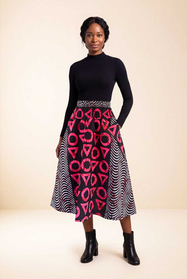 Jupe wax africaine Djénéba motifs géométriques taille élastique face