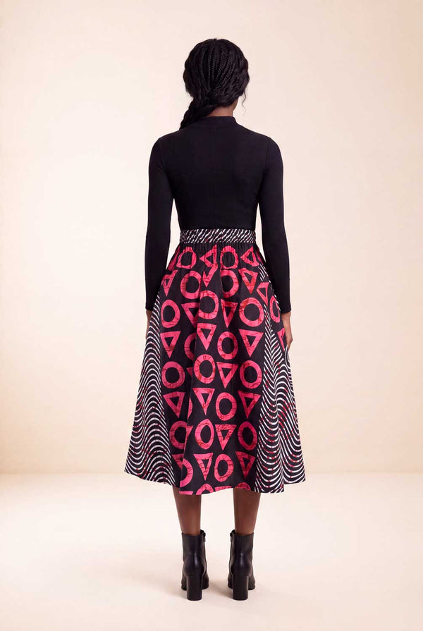 Jupe wax africaine Djénéba motifs géométriques taille élastique dos