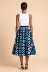 Jupe wax africaine Saida motif ronds et croix bleu blanc et noir taille haute smockée