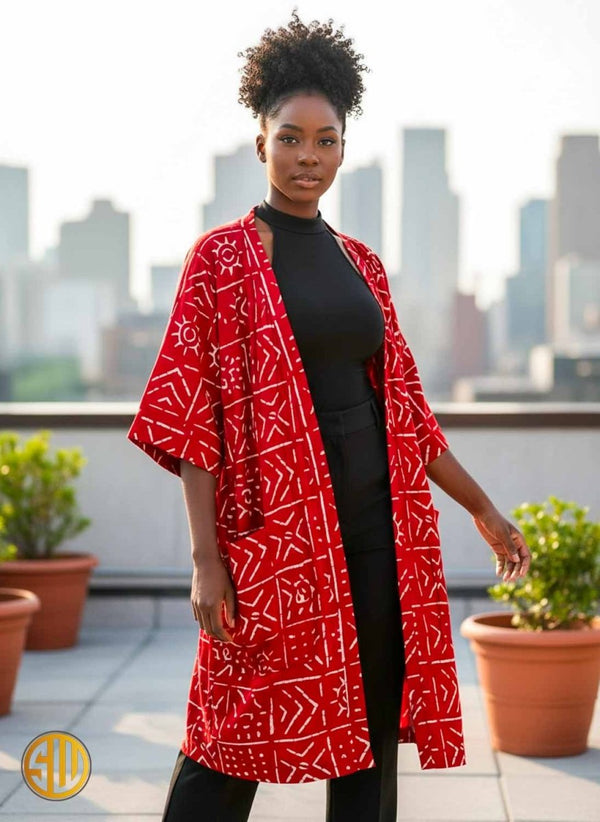 Kimono africain rouge à motifs bogolan
