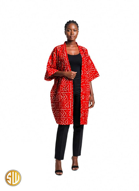Kimono africain rouge à motifs bogolan– Style moderne et ethnique