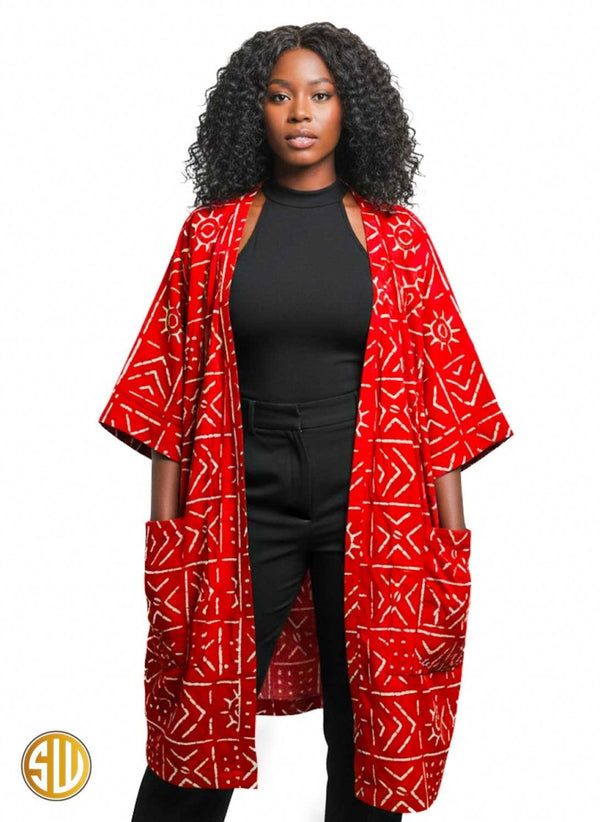 Kimono africain rouge à motifs bogolan– Style moderne et ethnique