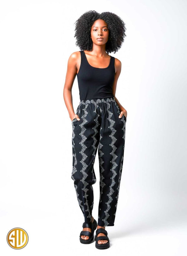 Pantalon africain noir et blanc – Taille élastiquée avec poches