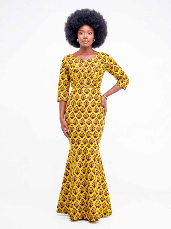 Robe africaine en wax jaune – coupe sirène élégante et moderne