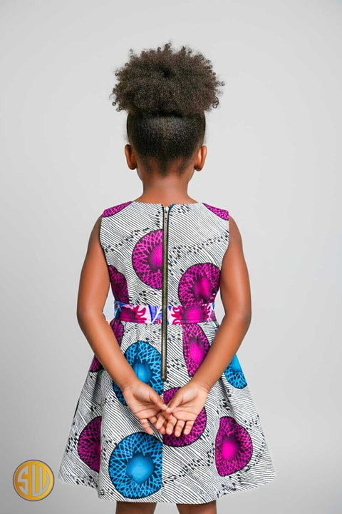 Robe africaine fille bi - matière satin et wax
