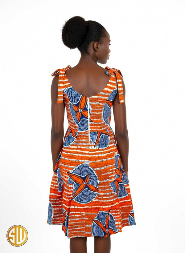 Robe africaine midi en wax avec poches et bretelles à nouer – SublimeWax