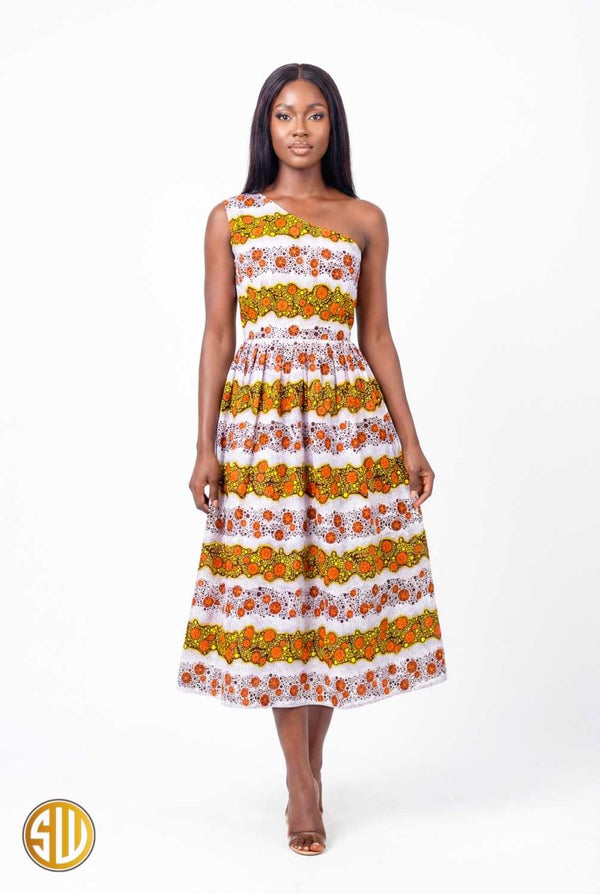 Robe asymétrique en wax une épaule – Orange & Jaune