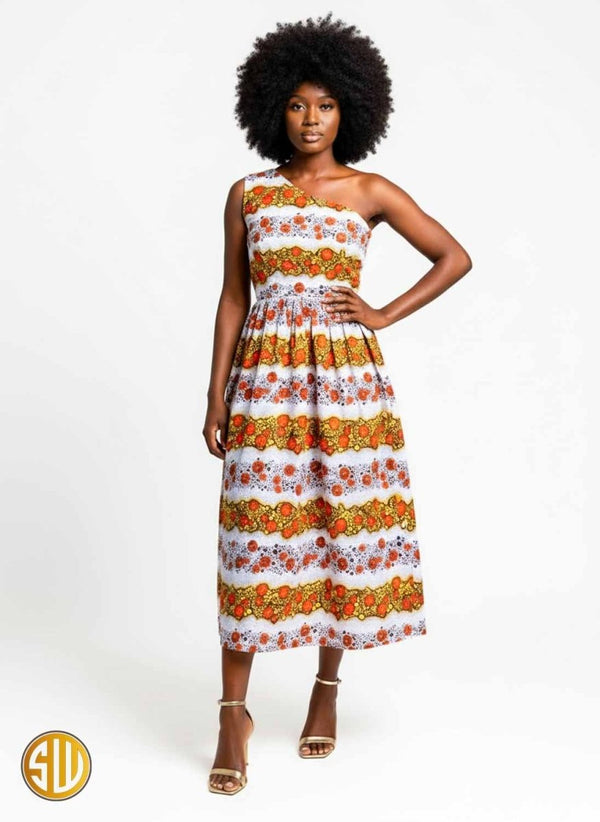 Robe asymétrique en wax une épaule – Orange & Jaune