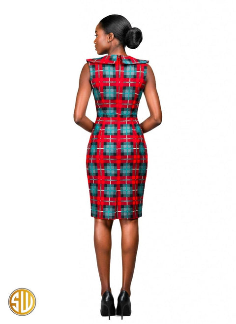 Robe crayon en wax sans manches à carreaux africains rouge et vert