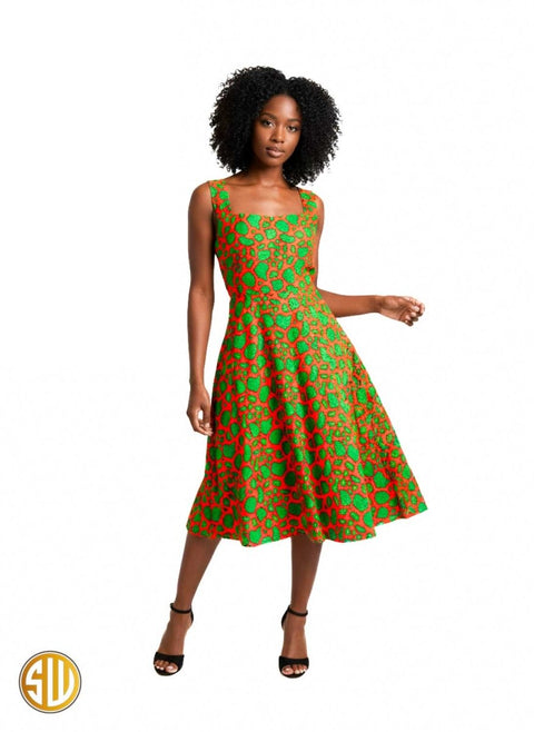Robe évasée en wax africain vert et orange – Style moderne et coloré