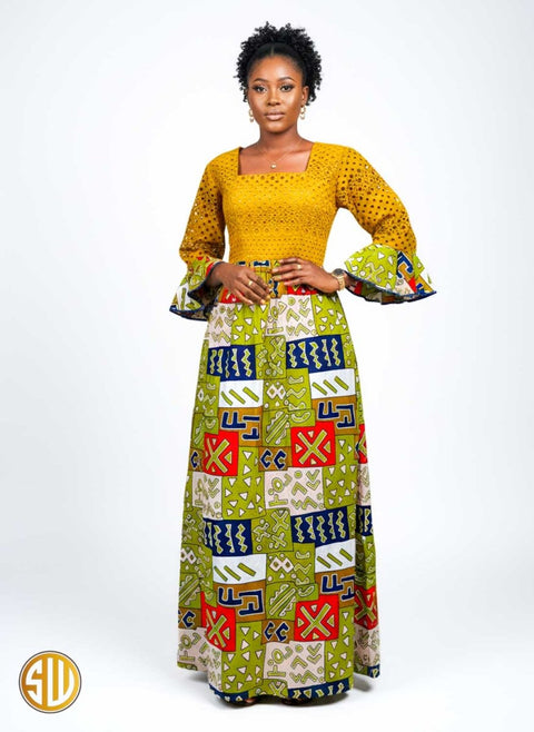 Robe longue africaine bi - matière brodée et wax avec poches – SublimeWax