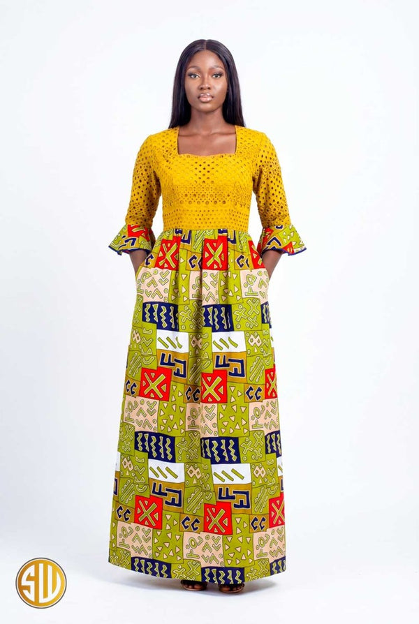 Robe longue africaine brodée et wax avec poches
