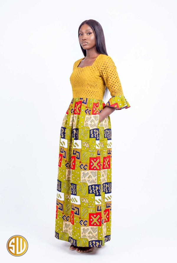 Robe longue africaine brodée et wax avec poches