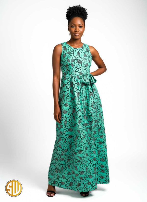 Robe longue sans manches en wax vert motifs noirs – SublimeWax