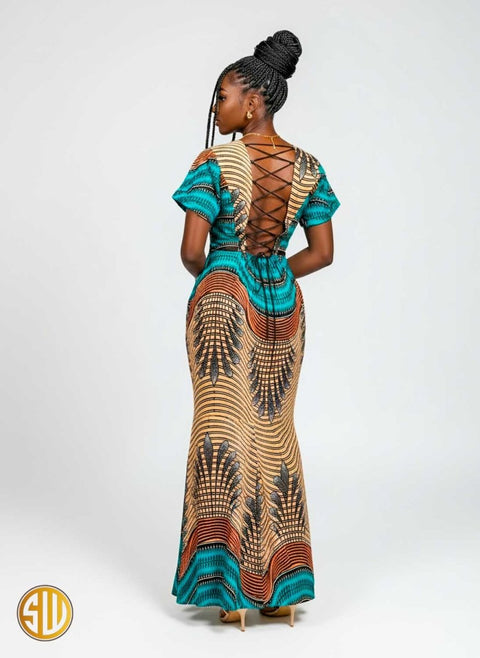 Robe longue sirène en wax – Laçage au dos