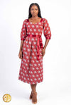 Robe midi wax rouge – manches bouffantes et ceinture satin, fait main