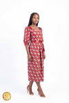 Robe midi wax rouge – manches bouffantes et ceinture satin, fait main