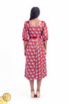 Robe midi wax rouge – manches bouffantes et ceinture satin, fait main