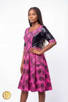 Robe wax bimatière – Imprimé feuilles fuchsia & satin noir