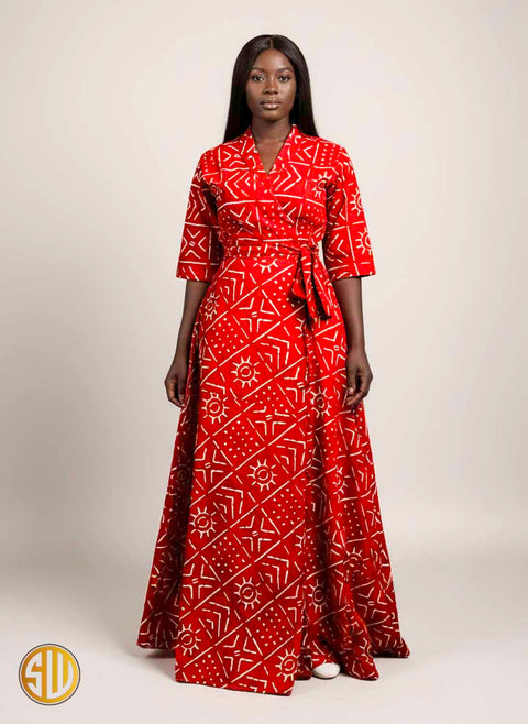 Robe Portefeuille Longue en Coton – Motif Bogolan Rouge et Blanc