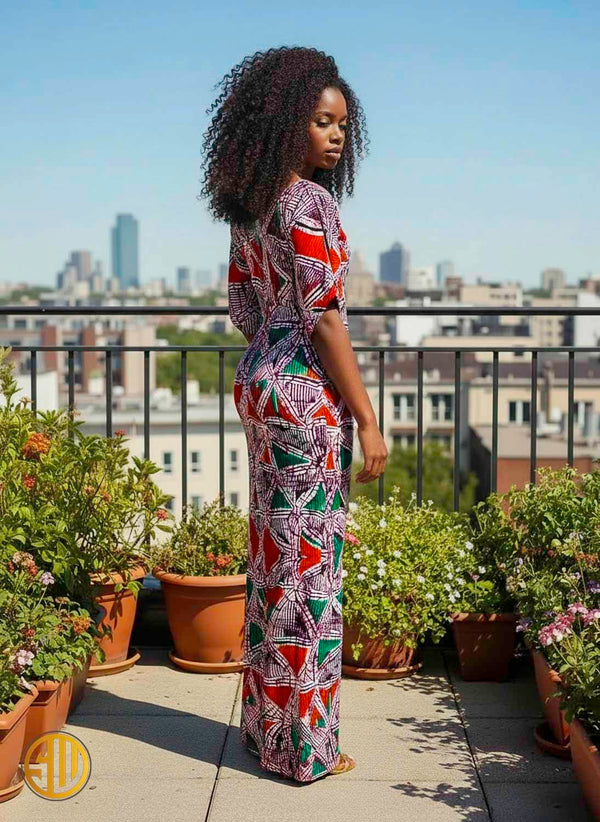 Robe Longue Wax Femme – Coupe Élégante Fente Avant – Motif Géométrique Multicolore