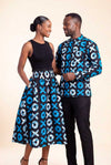 Ensemble couple wax assorti bleu jupe africaine et chemise homme manches longues motif batik