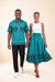 Ensemble couple wax assorti turquoise jupe africaine et chemise homme motif vagues