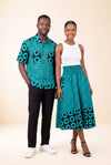 Ensemble couple wax assorti turquoise jupe africaine et chemise homme motif vagues