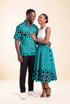 Ensemble couple wax assorti turquoise jupe africaine et chemise homme motif vagues