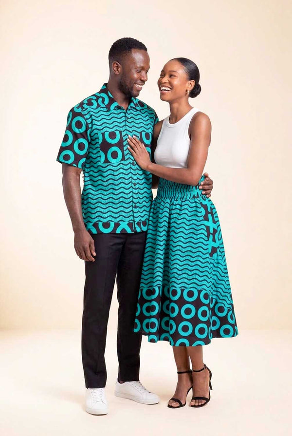 Ensemble couple wax assorti turquoise jupe africaine et chemise homme motif vagues