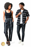 Tenue assortie couple en wax noire – chemise homme et pantalon femme