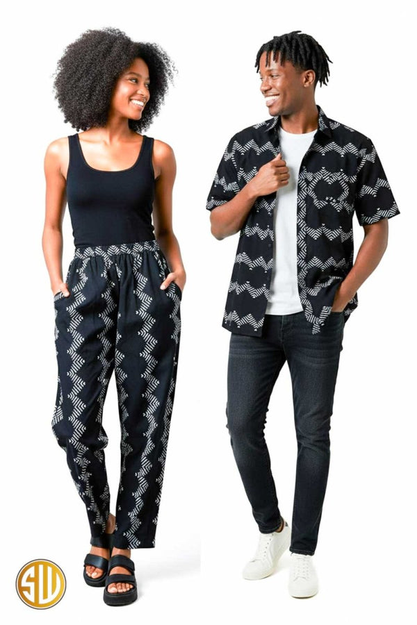 Tenue assortie couple en wax noire – chemise homme et pantalon femme