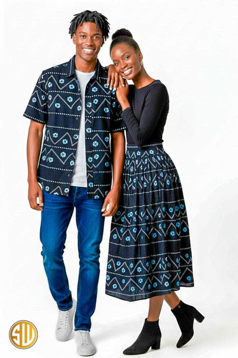 Tenue assortie couple en wax noire et bleue – élégance africaine signée SublimeWax
